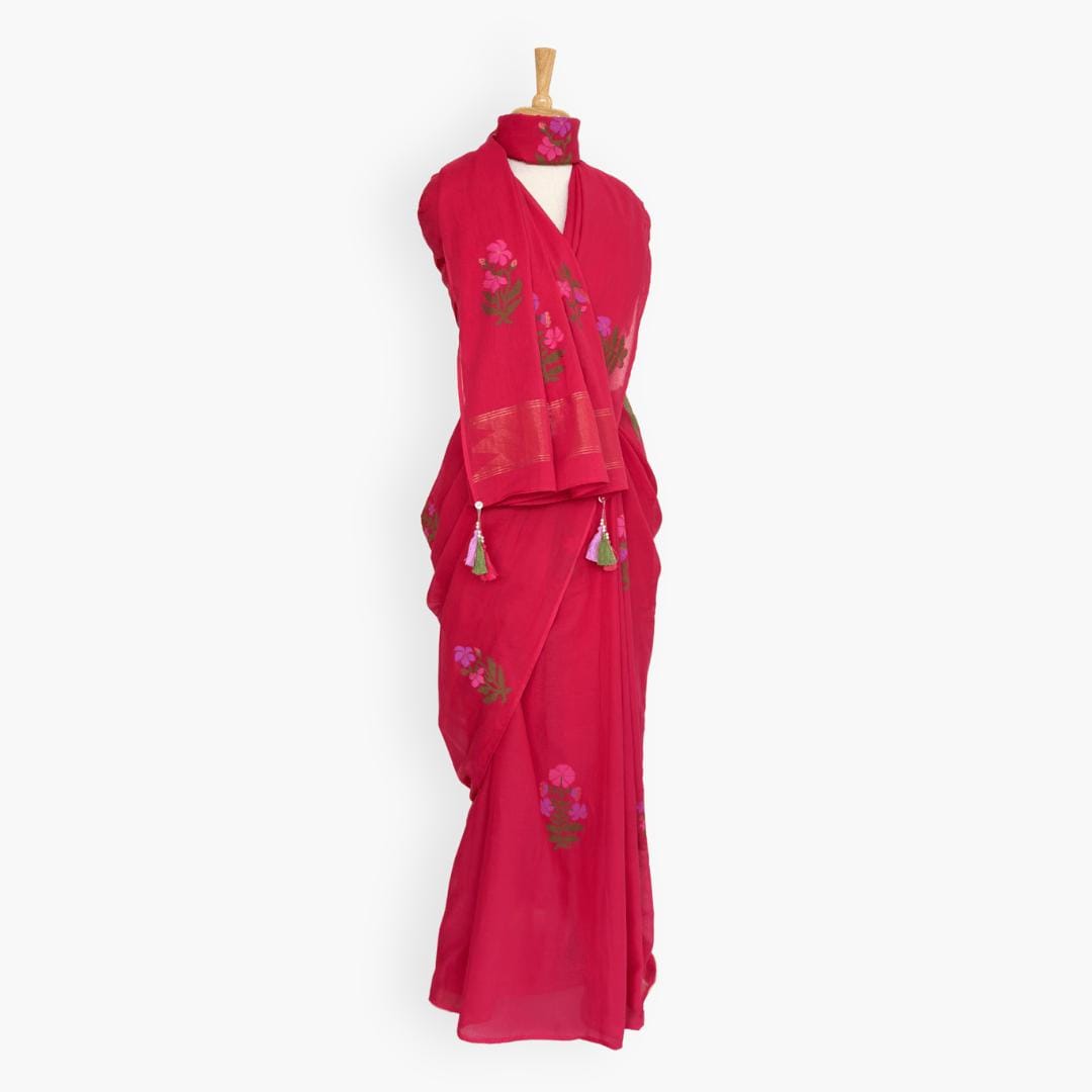The Jamdani Story Saree Saree Rose Red & Lilac Mul Cotton Saree