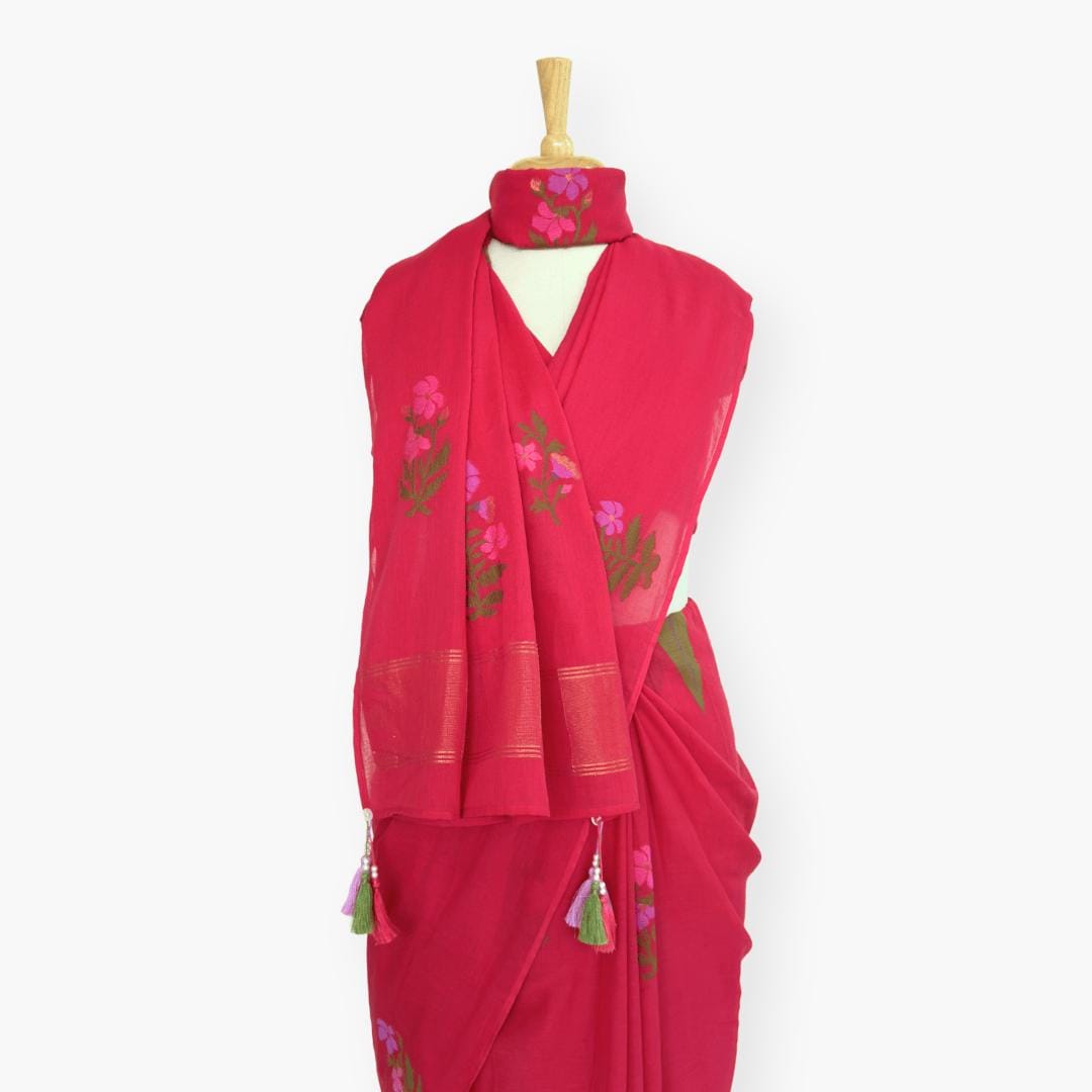 The Jamdani Story Saree Saree Rose Red & Lilac Mul Cotton Saree