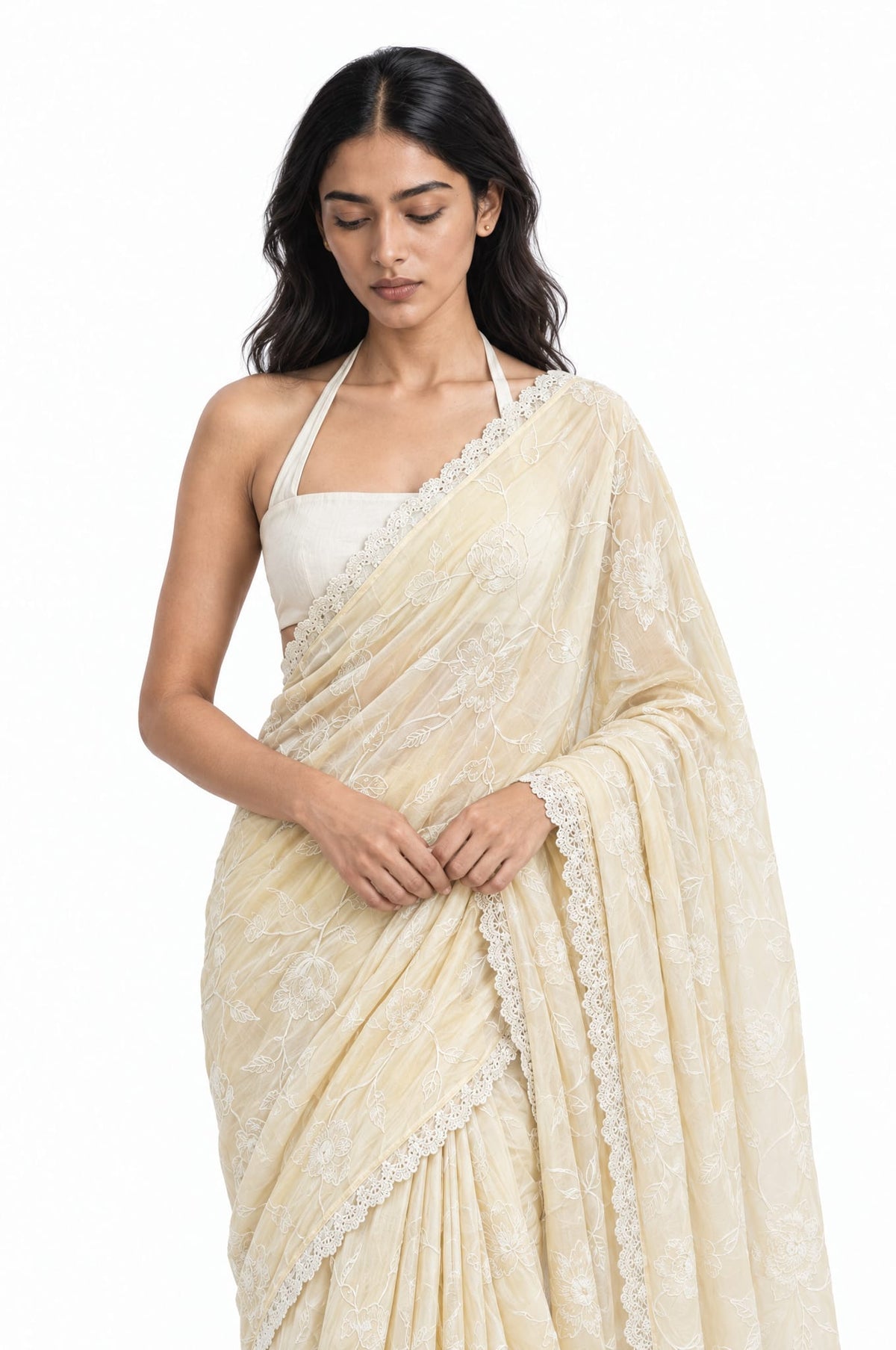 The Language Of Flowers Saree Saree Beige & White Mul Chanderi Saree