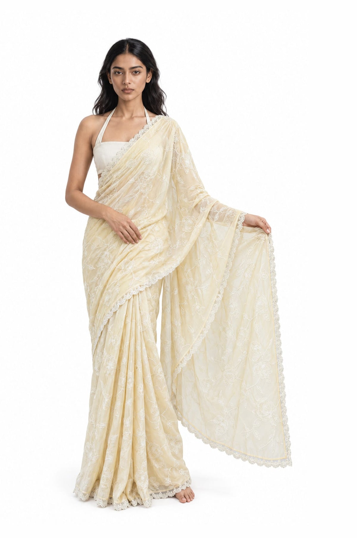 The Language Of Flowers Saree Saree Beige & White Mul Chanderi Saree