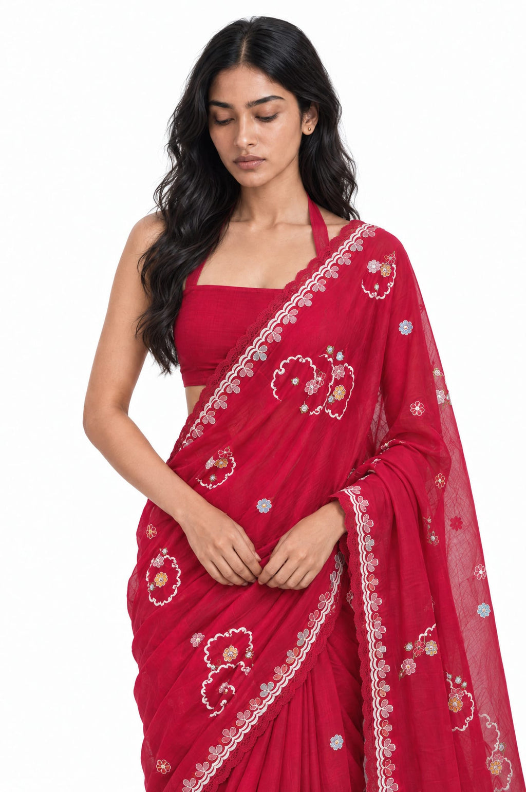 The Language Of Flowers Saree Saree Cherry Red Mul Chanderi Saree