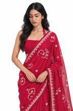 The Language Of Flowers Saree Saree Cherry Red Mul Chanderi Saree