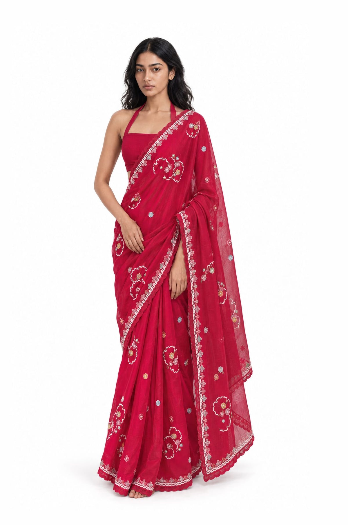 The Language Of Flowers Saree Saree Cherry Red Mul Chanderi Saree