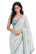 The Language Of Flowers Saree Saree Light Grey & Aquamarine Mul Chanderi Saree