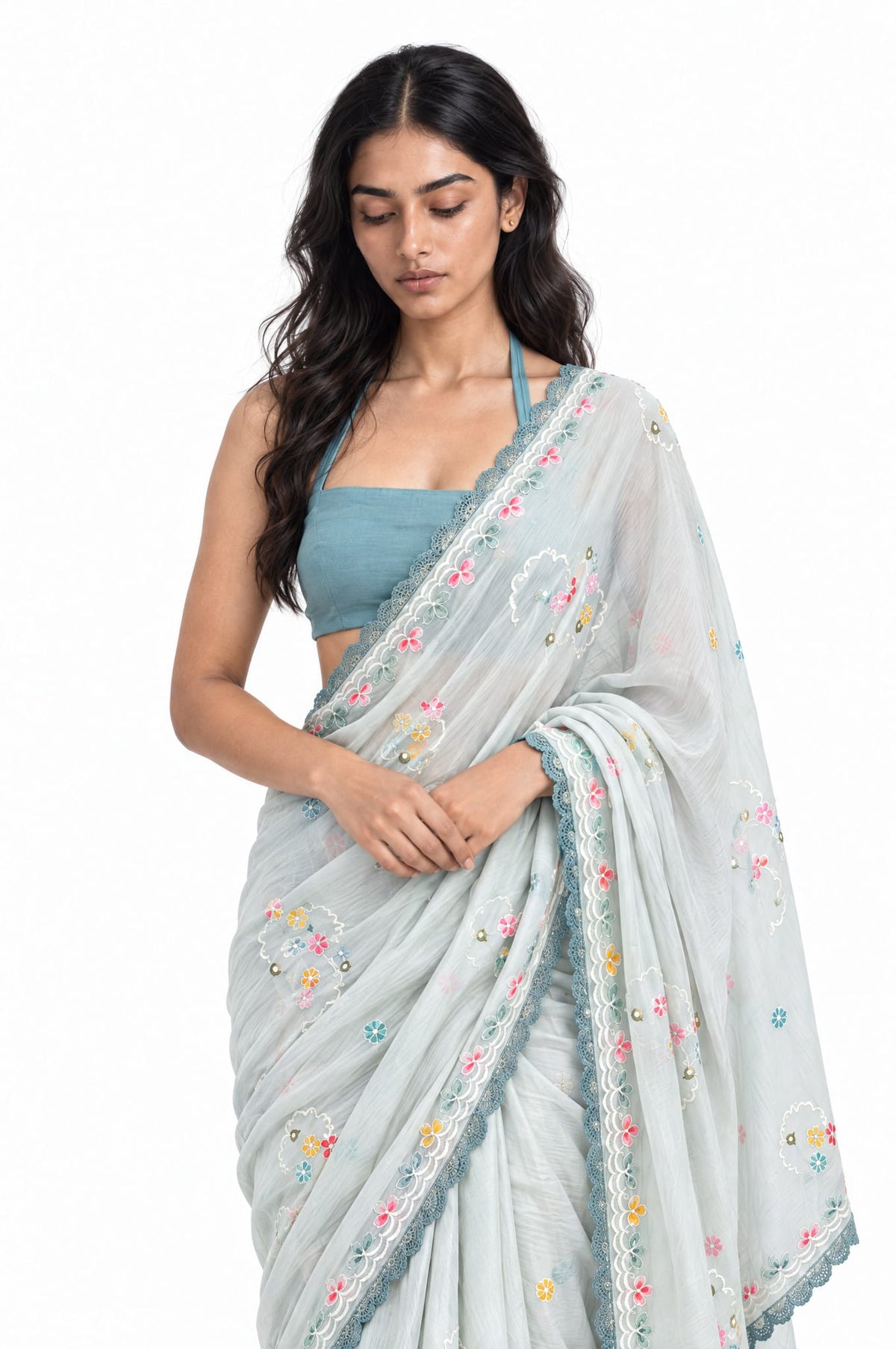 The Language Of Flowers Saree Saree Light Grey & Aquamarine Mul Chanderi Saree