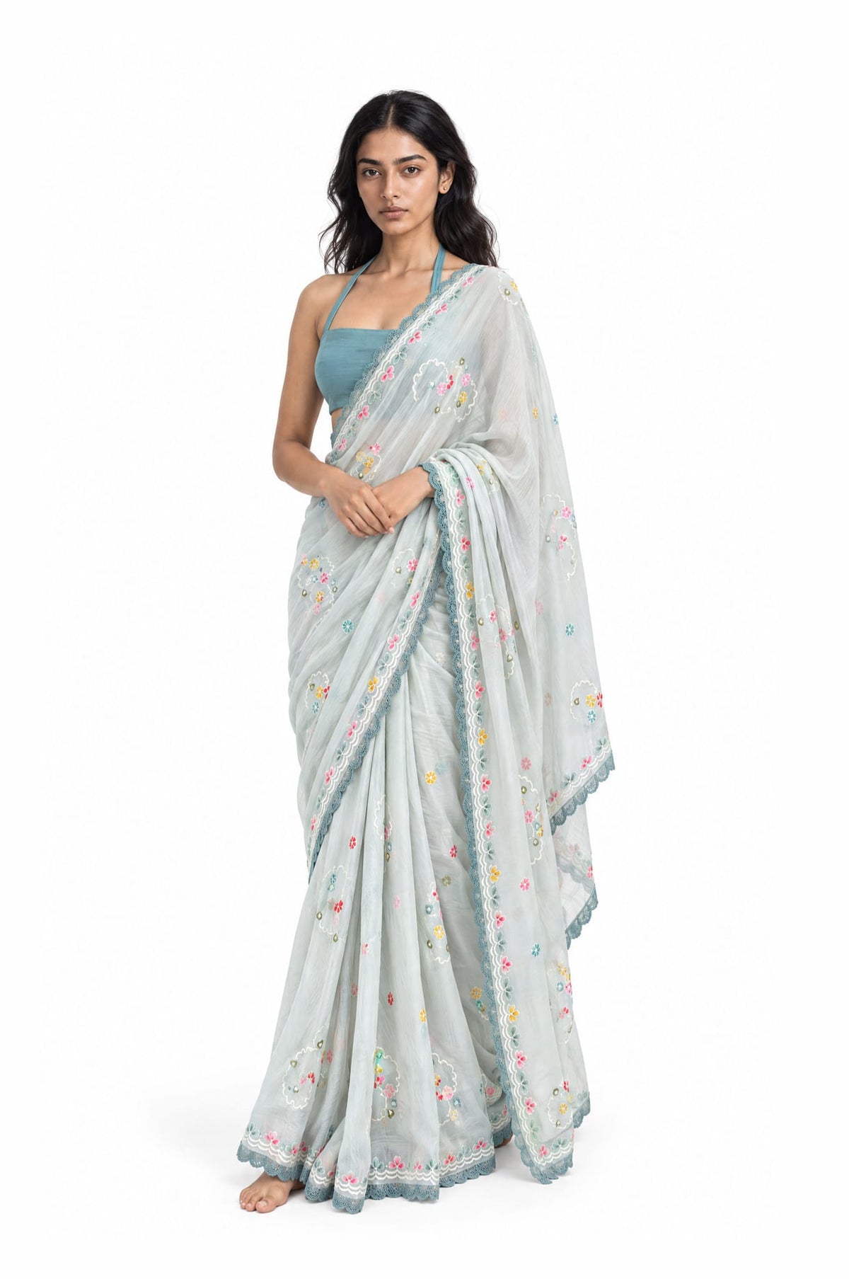 The Language Of Flowers Saree Saree Light Grey & Aquamarine Mul Chanderi Saree