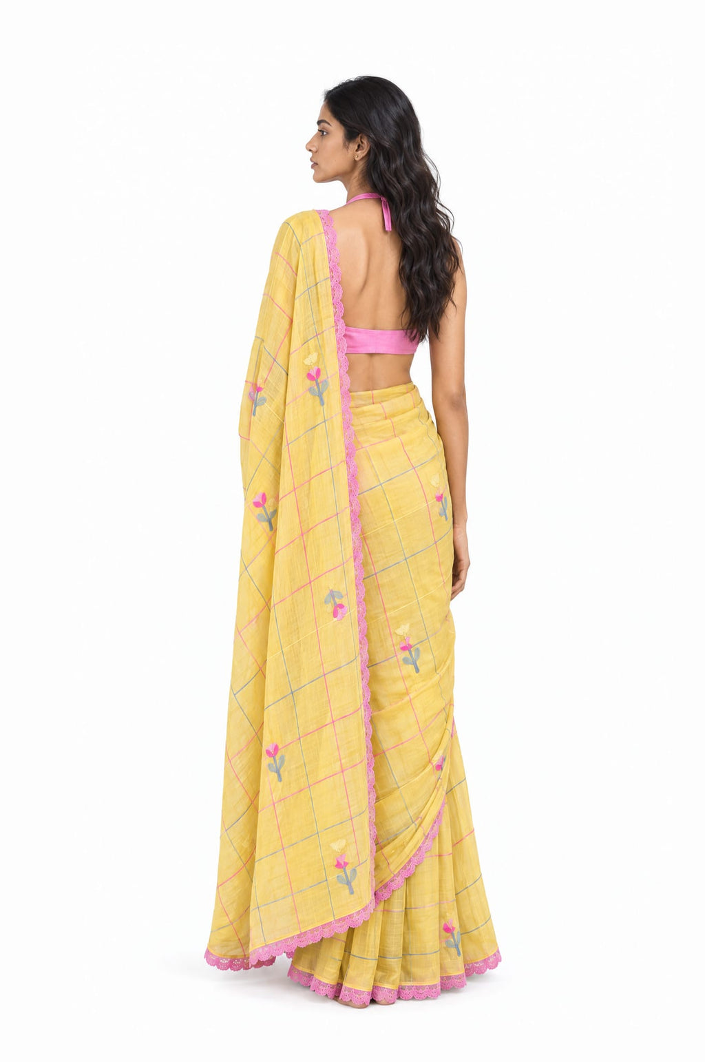 The Language Of Flowers Saree Saree Mustard Yellow & Pink Mul Chanderi Saree