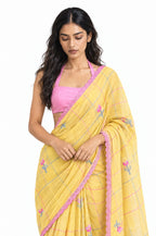 The Language Of Flowers Saree Saree Mustard Yellow & Pink Mul Chanderi Saree