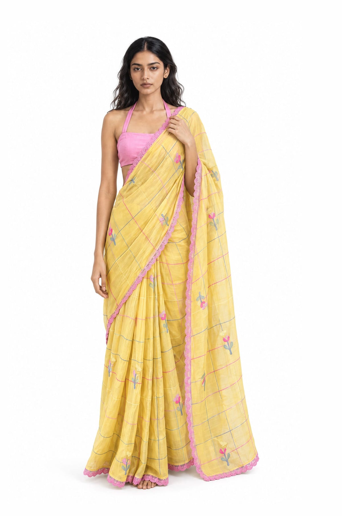 The Language Of Flowers Saree Saree Mustard Yellow & Pink Mul Chanderi Saree