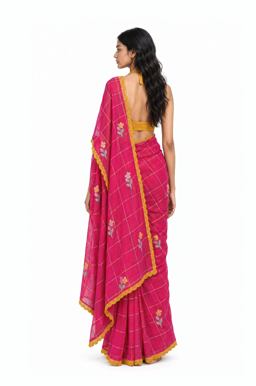 The Language Of Flowers Saree Saree Rani Pink & Mustard Yellow Mul Chanderi Saree