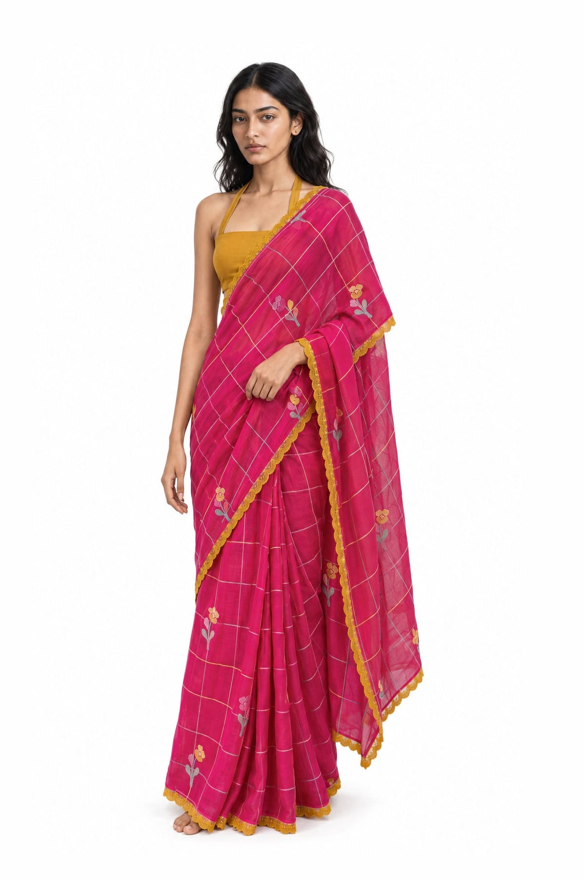 The Language Of Flowers Saree Saree Rani Pink & Mustard Yellow Mul Chanderi Saree