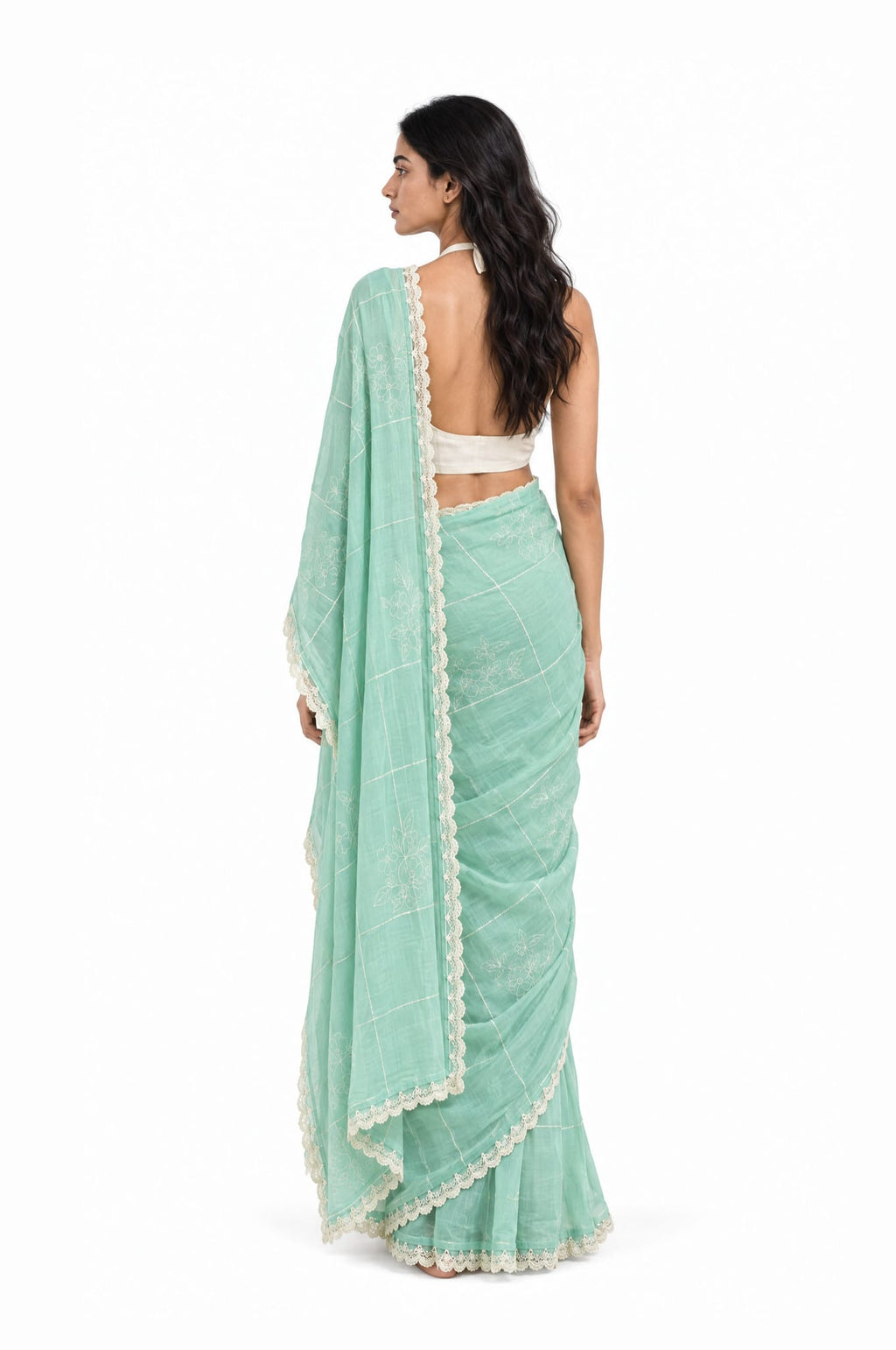 The Language Of Flowers Saree Saree Sea Green & Off-White Mul Chanderi Saree