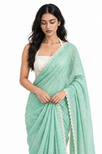 The Language Of Flowers Saree Saree Sea Green & Off-White Mul Chanderi Saree