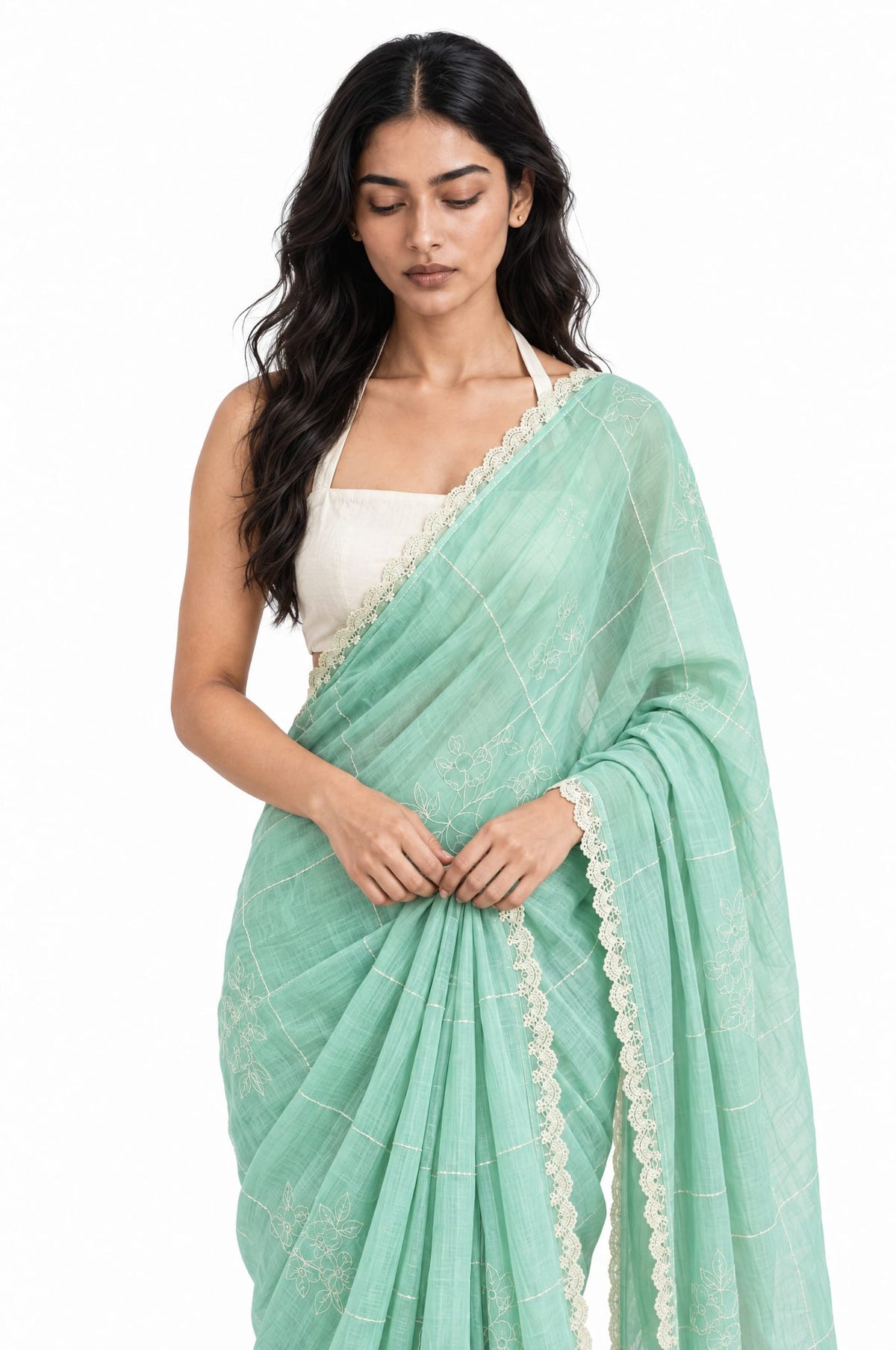 The Language Of Flowers Saree Saree Sea Green & Off-White Mul Chanderi Saree