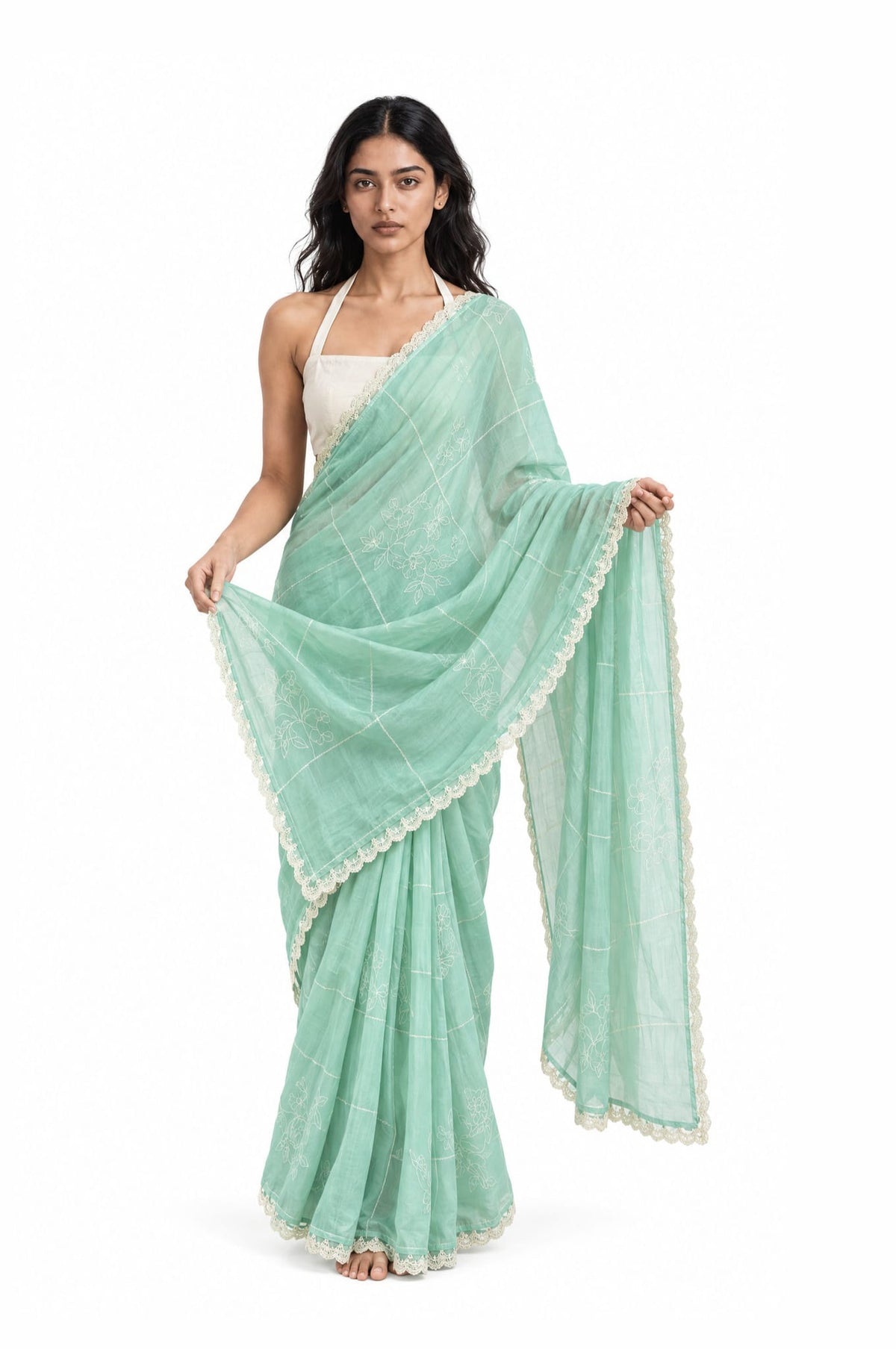 The Language Of Flowers Saree Saree Sea Green & Off-White Mul Chanderi Saree