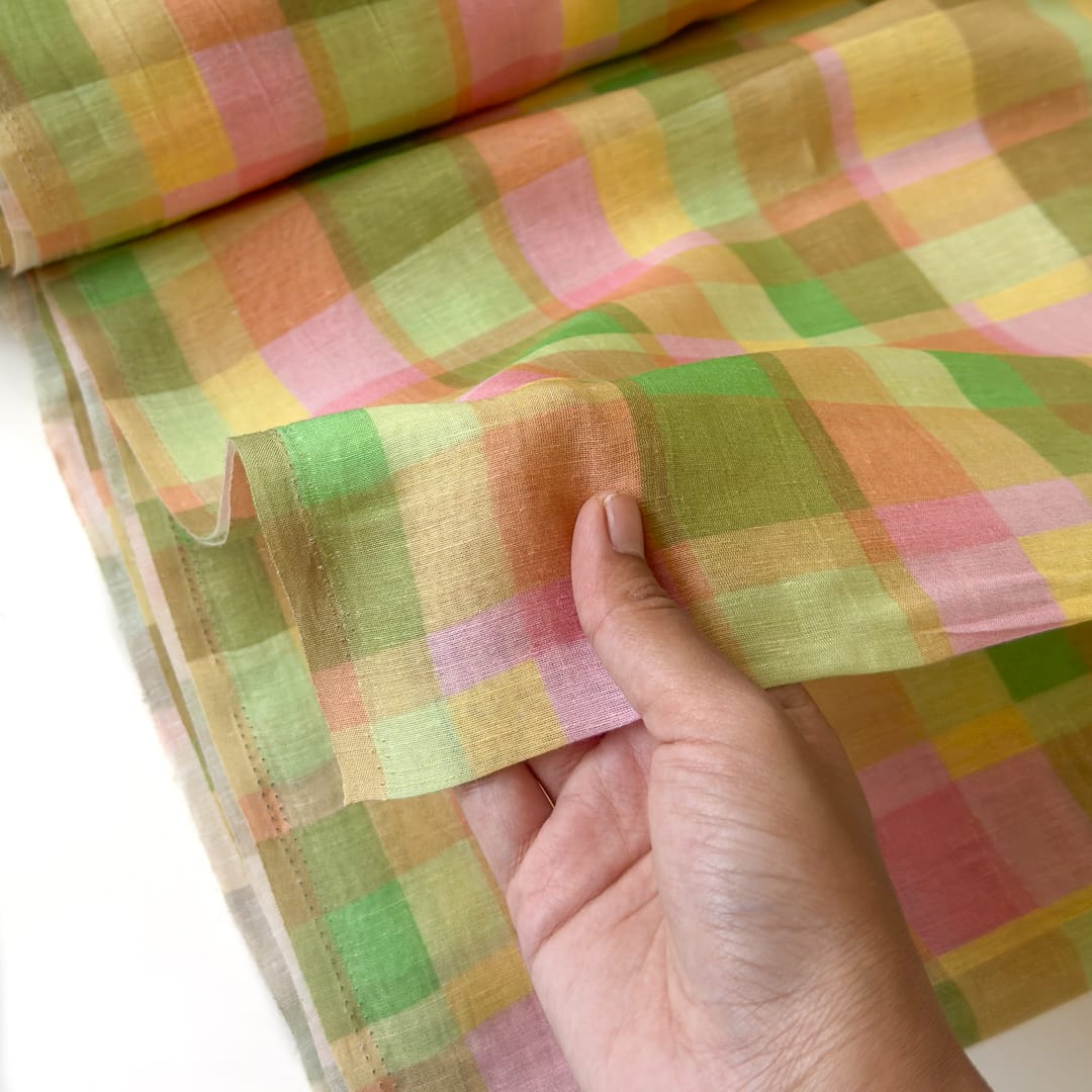 The Linen Story Fabric Fabric Bright Yellow The Linen Story Printed Madras Checks Pure Linen Fabric (Width 44 Inches)