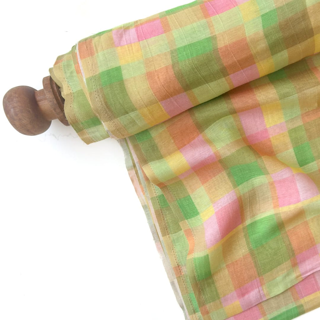 The Linen Story Fabric Fabric Bright Yellow The Linen Story Printed Madras Checks Pure Linen Fabric (Width 44 Inches)
