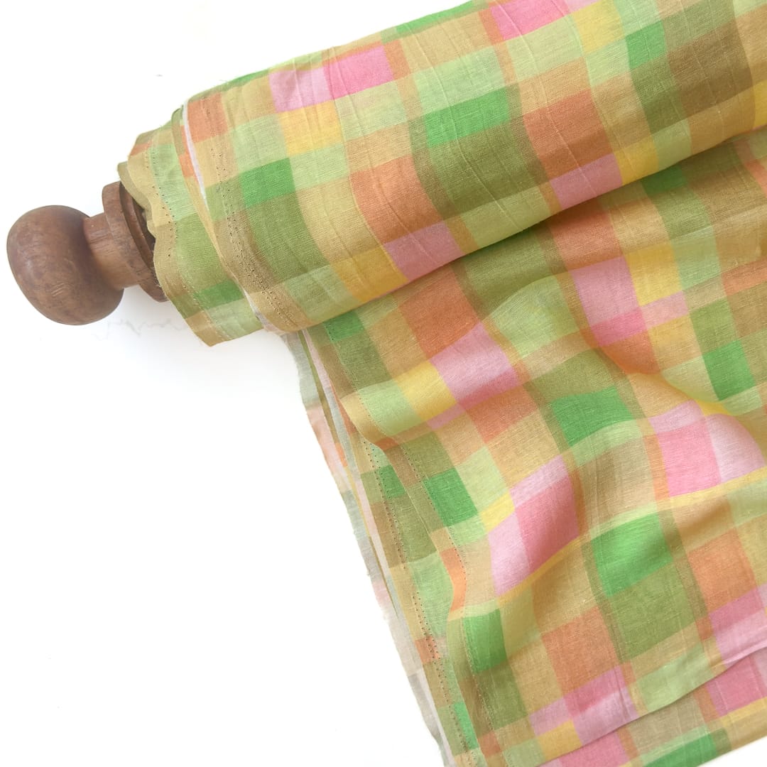 The Linen Story Fabric Fabric Bright Yellow The Linen Story Printed Madras Checks Pure Linen Fabric (Width 44 Inches)