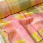 The Linen Story Fabric Fabric Coral Pink & Yellow The Linen Story Printed Madras Checks Pure Linen Fabric (Width 44 Inches)
