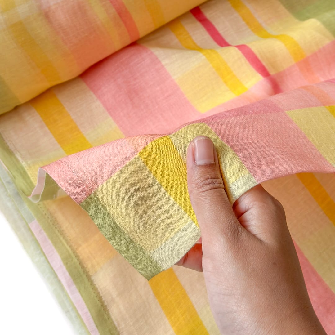 The Linen Story Fabric Fabric Coral Pink & Yellow The Linen Story Printed Madras Checks Pure Linen Fabric (Width 44 Inches)