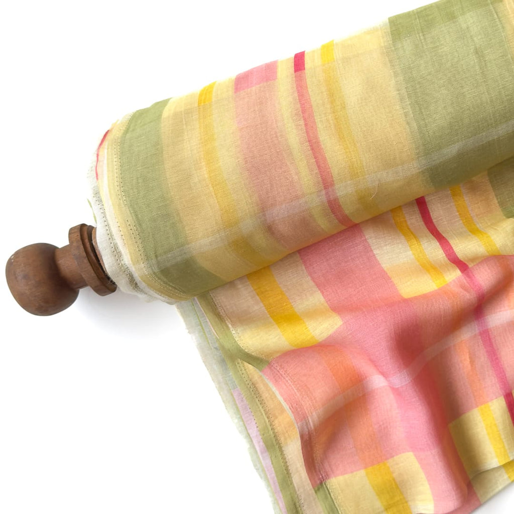 The Linen Story Fabric Fabric Coral Pink & Yellow The Linen Story Printed Madras Checks Pure Linen Fabric (Width 44 Inches)