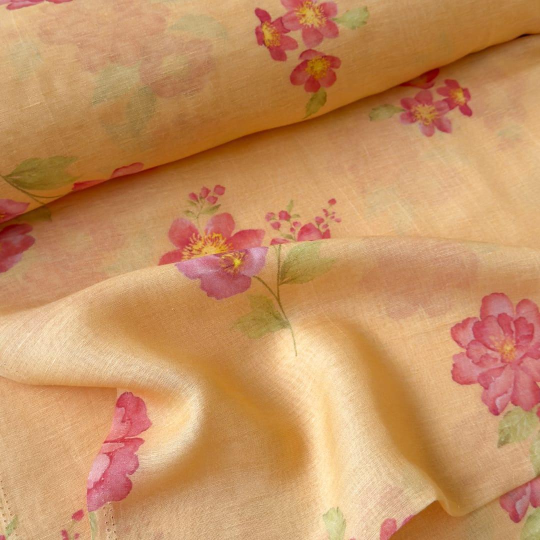 The Linen Story Fabric Fabric Fresh Yellow The Linen Story Printed Pure Linen Fabric (Width 44 Inches)