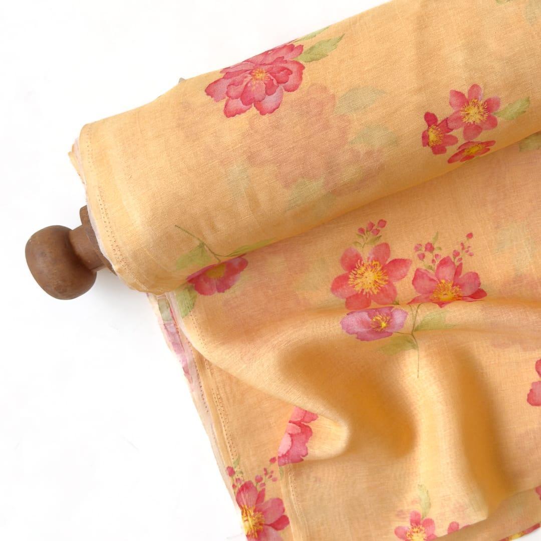 The Linen Story Fabric Fabric Fresh Yellow The Linen Story Printed Pure Linen Fabric (Width 44 Inches)