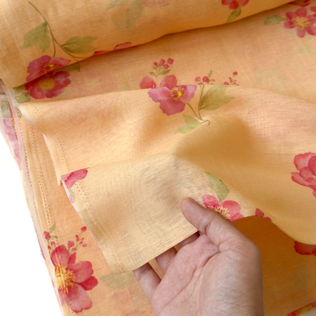 The Linen Story Fabric Fabric Fresh Yellow The Linen Story Printed Pure Linen Fabric (Width 44 Inches)