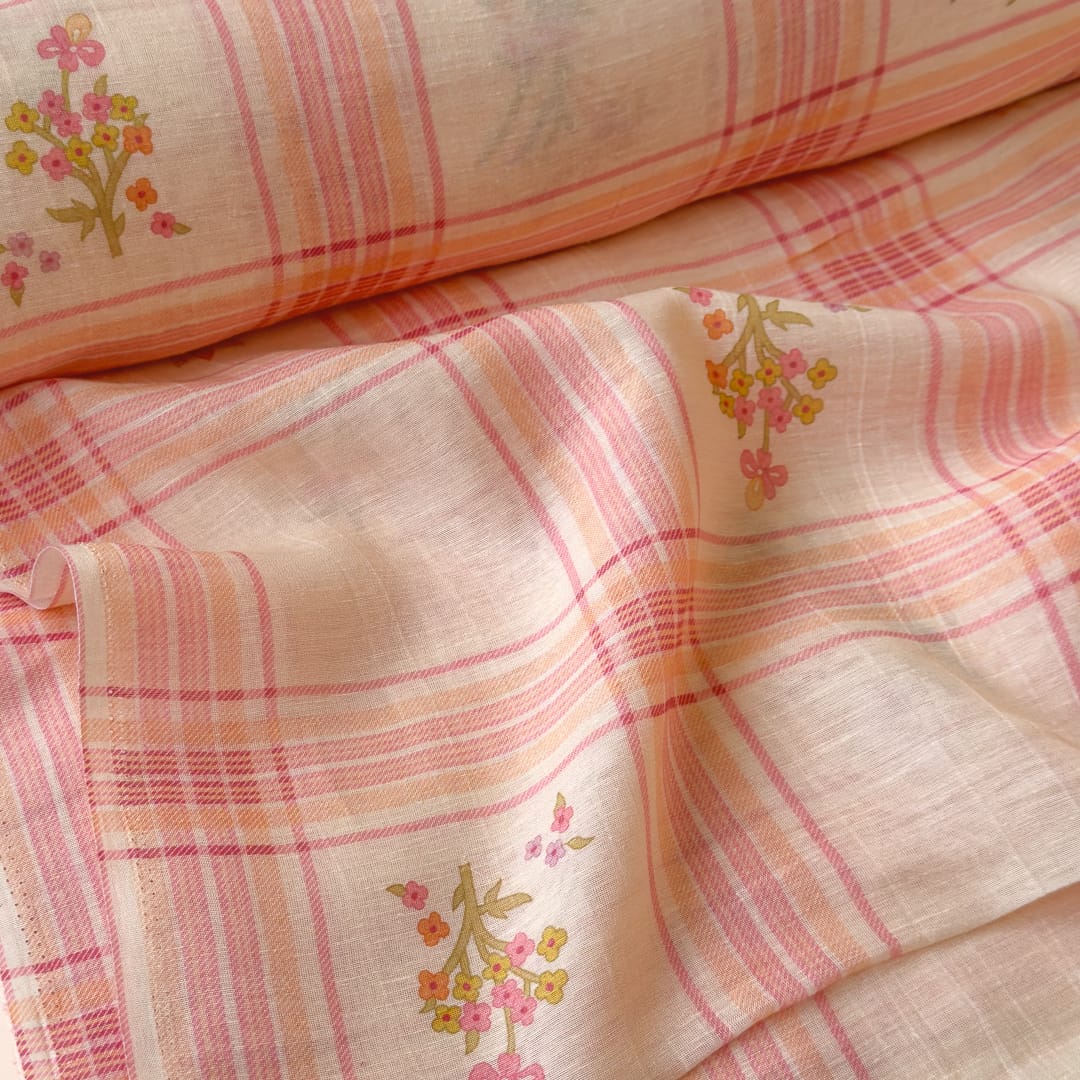 The Linen Story Fabric Fabric Light Peach The Linen Story Printed Madras Checks Pure Linen Fabric (Width 44 Inches)