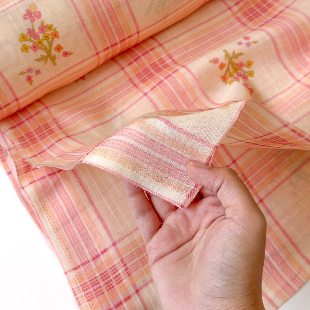 The Linen Story Fabric Fabric Light Peach The Linen Story Printed Madras Checks Pure Linen Fabric (Width 44 Inches)