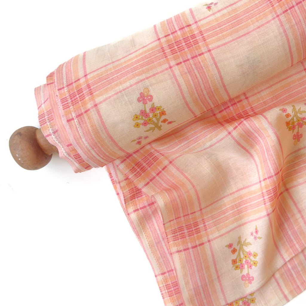 The Linen Story Fabric Fabric Light Peach The Linen Story Printed Madras Checks Pure Linen Fabric (Width 44 Inches)