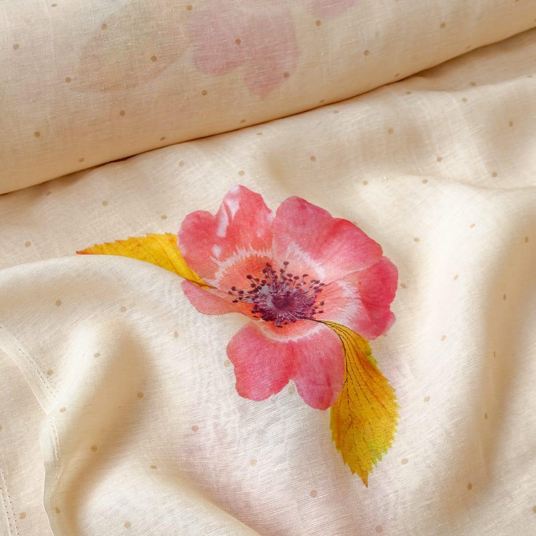 The Linen Story Fabric Fabric Off-White & Peach The Linen Story Printed Pure Linen Fabric (Width 44 Inches)