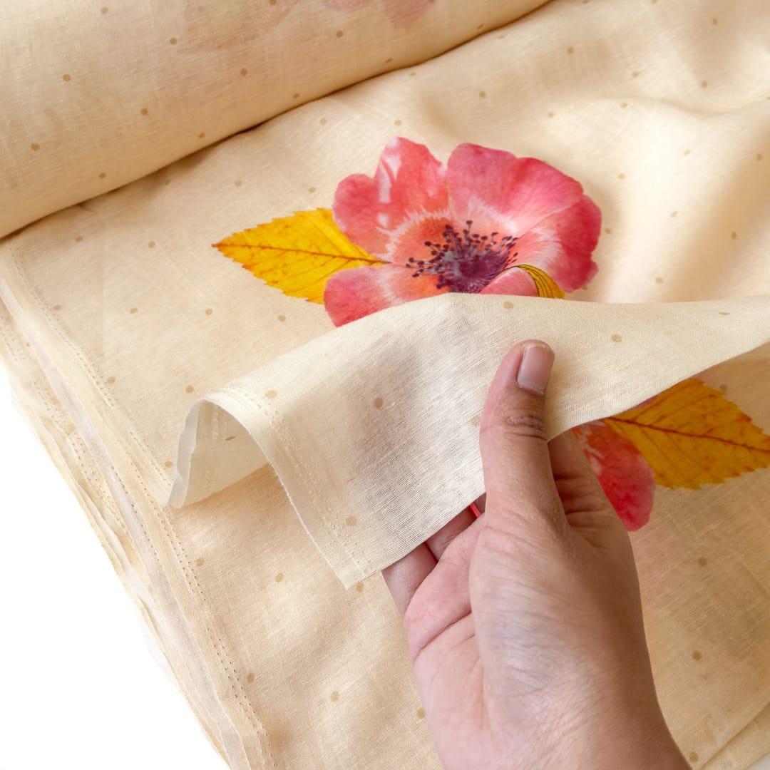 The Linen Story Fabric Fabric Off-White & Peach The Linen Story Printed Pure Linen Fabric (Width 44 Inches)