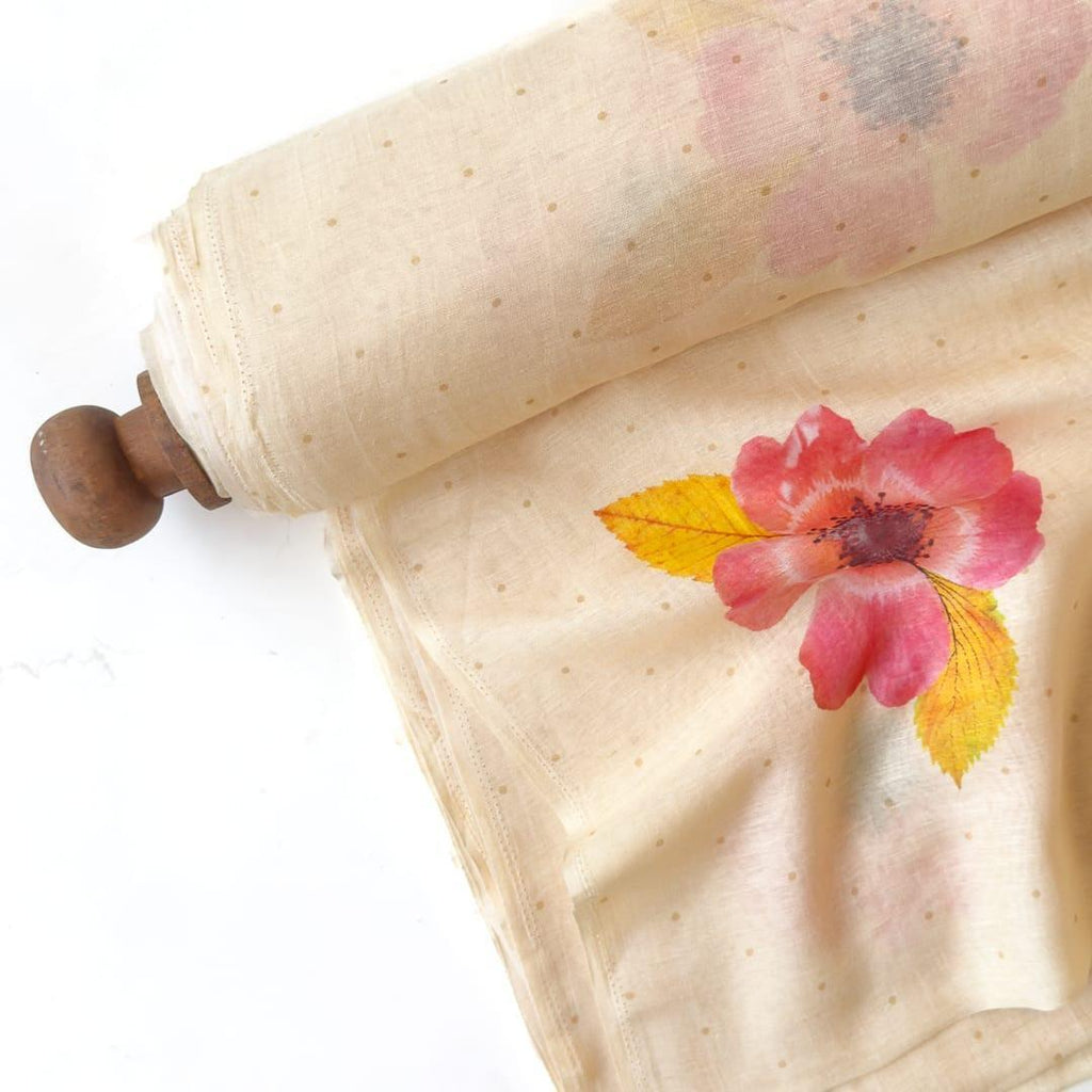 The Linen Story Fabric Fabric Off-White & Peach The Linen Story Printed Pure Linen Fabric (Width 44 Inches)