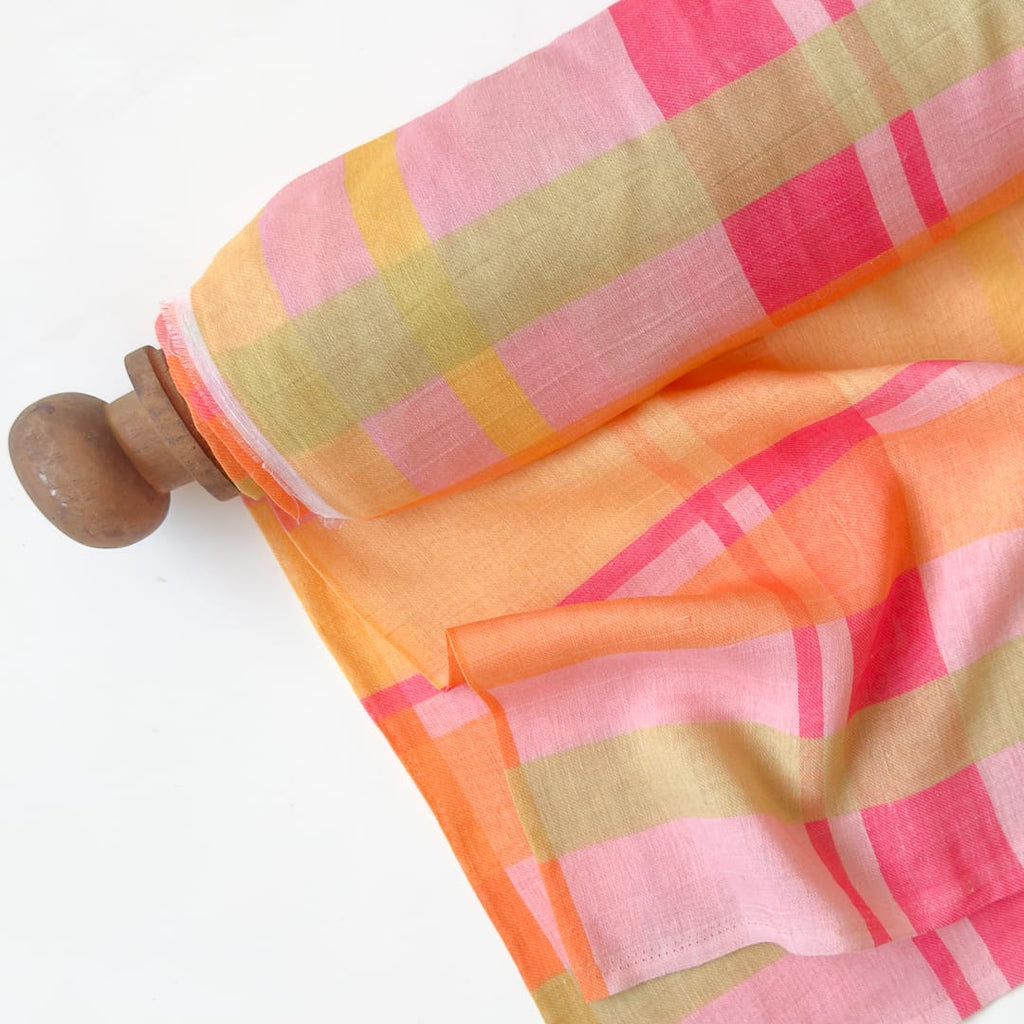 The Linen Story Fabric Fabric Peach & Coral Pink The Linen Story Printed Madras Checks Pure Linen Fabric (Width 44 Inches)