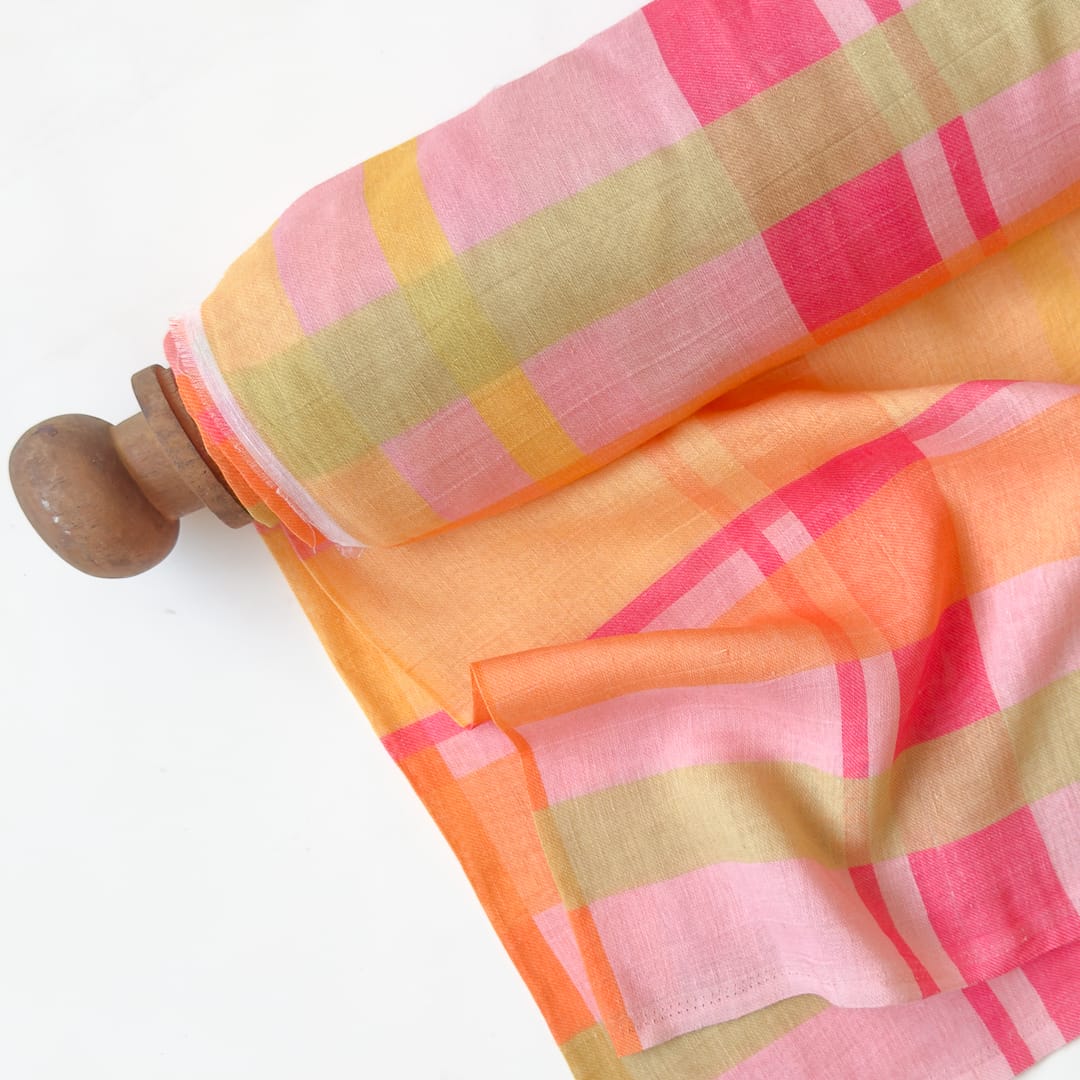 The Linen Story Fabric Fabric Peach & Coral Pink The Linen Story Printed Madras Checks Pure Linen Fabric (Width 44 Inches)