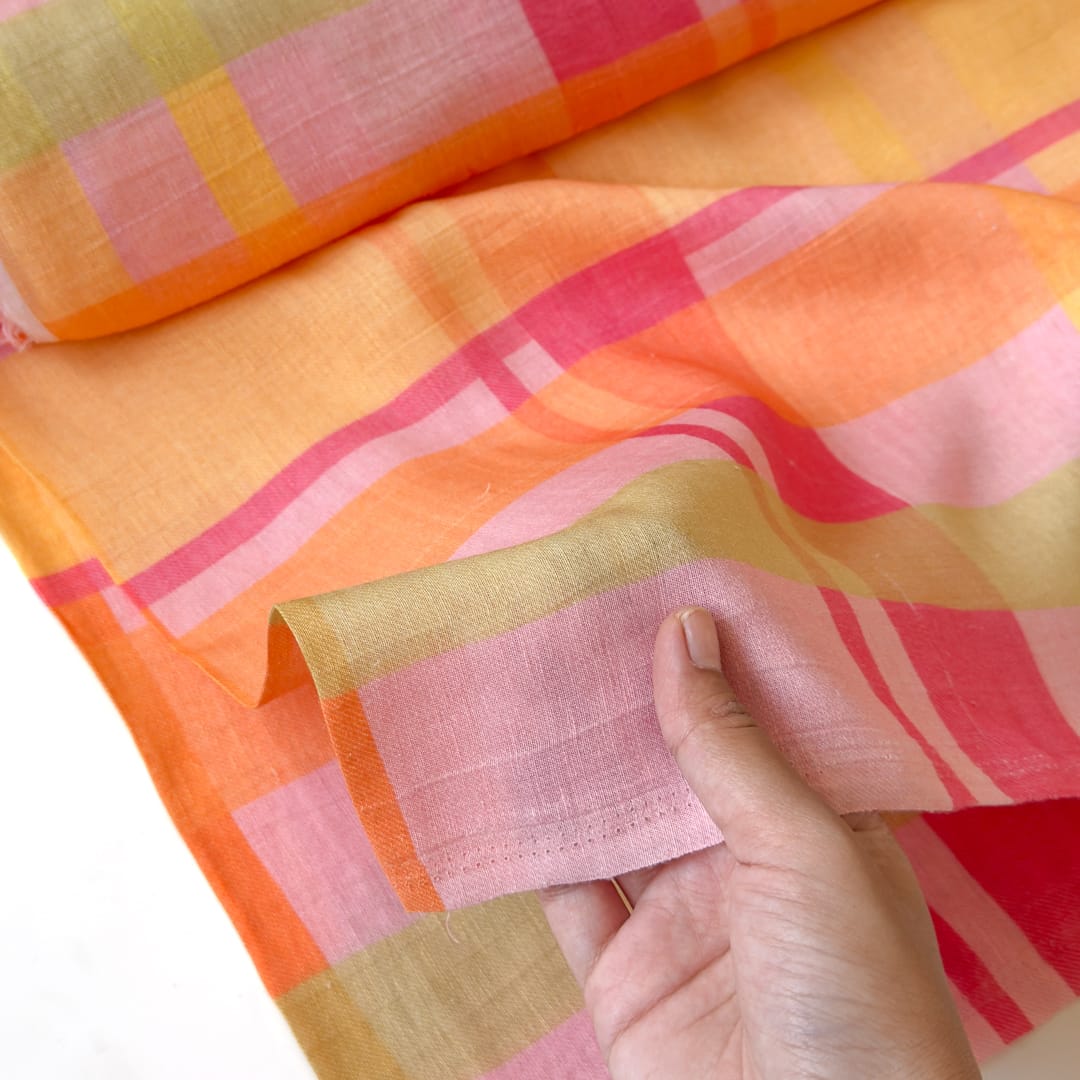 The Linen Story Fabric Fabric Peach & Coral Pink The Linen Story Printed Madras Checks Pure Linen Fabric (Width 44 Inches)