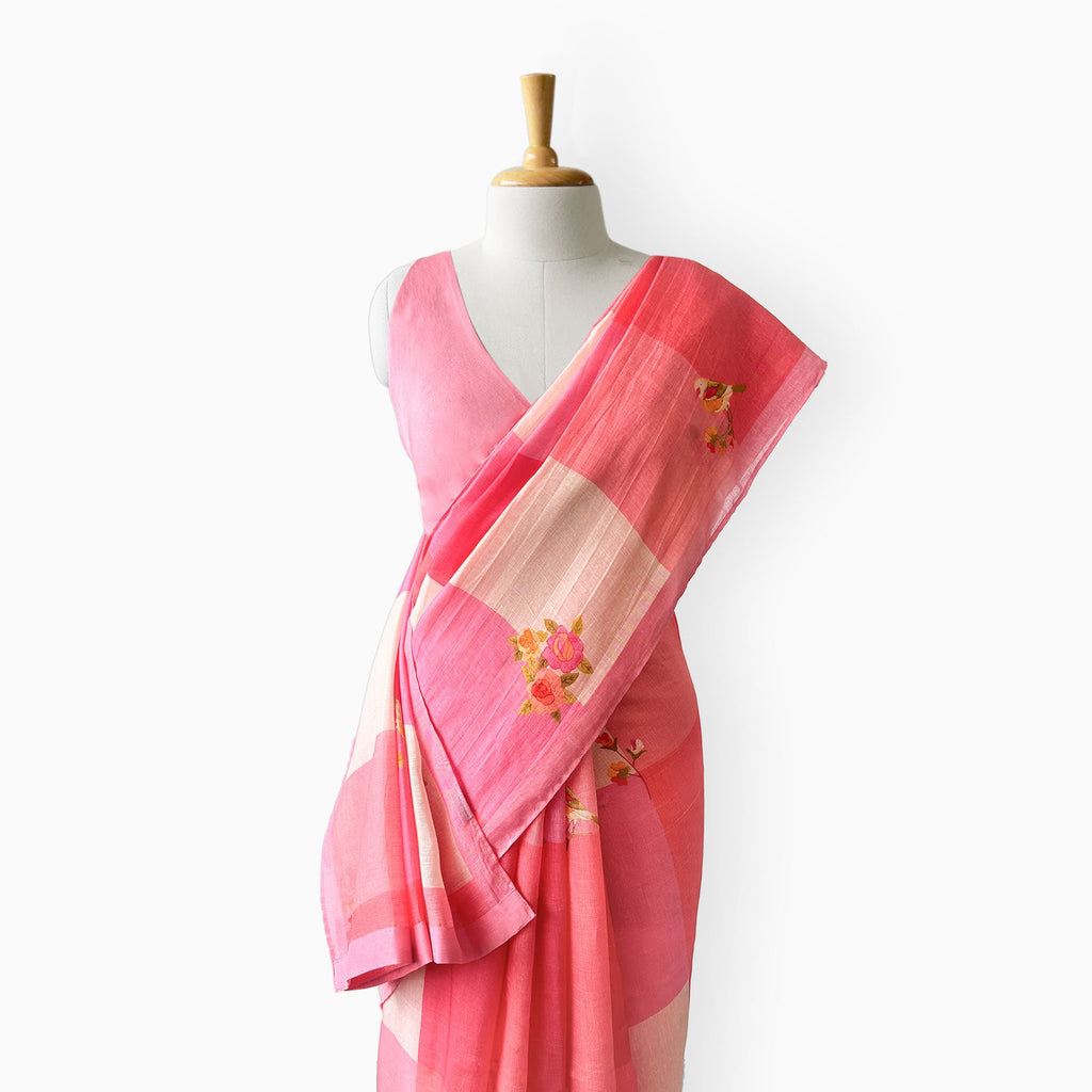 The Linen Story Saree Saree Coral Pink & Peach Linen Saree