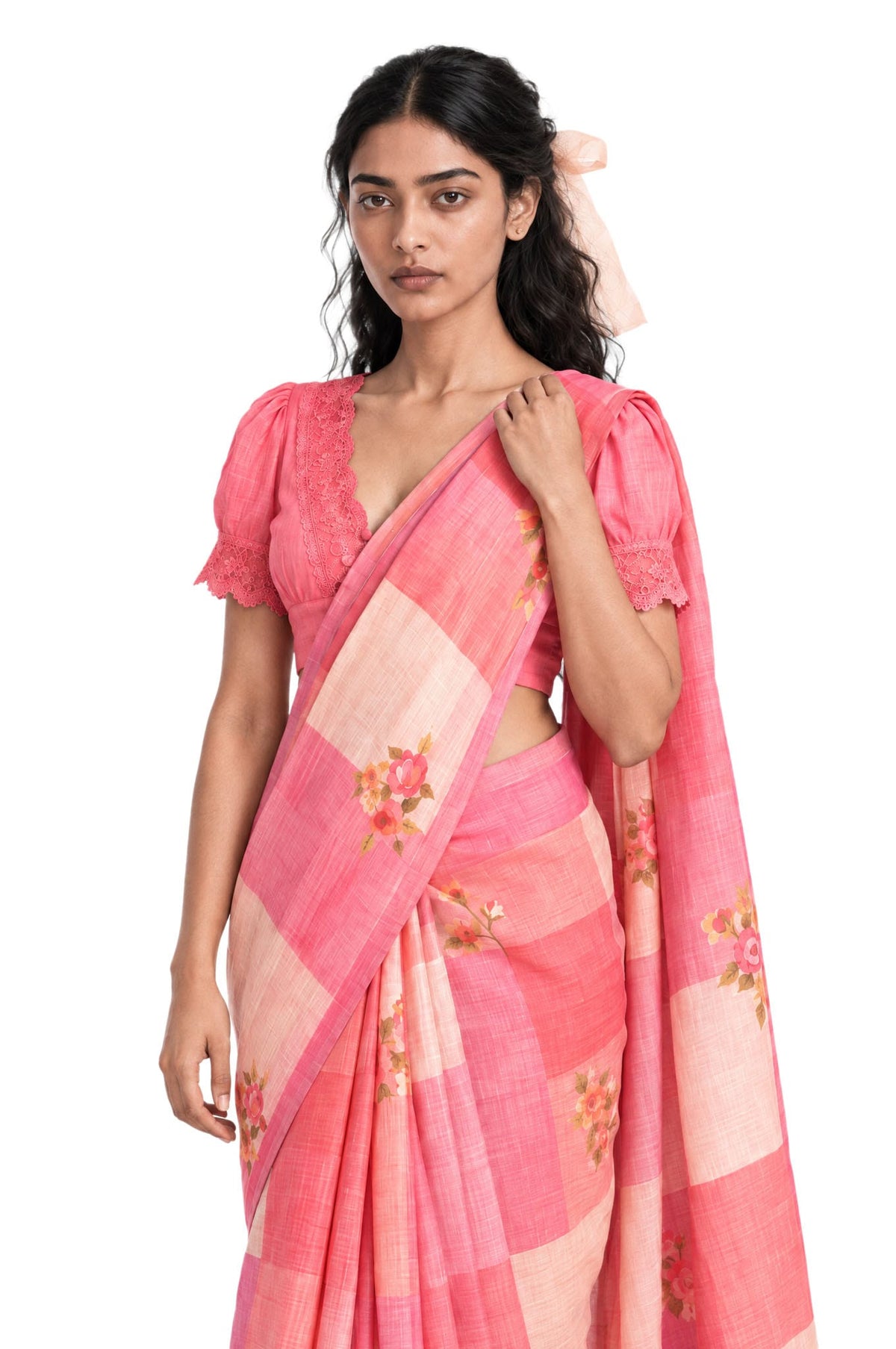 The Linen Story Saree Saree Coral Pink & Peach Linen Saree