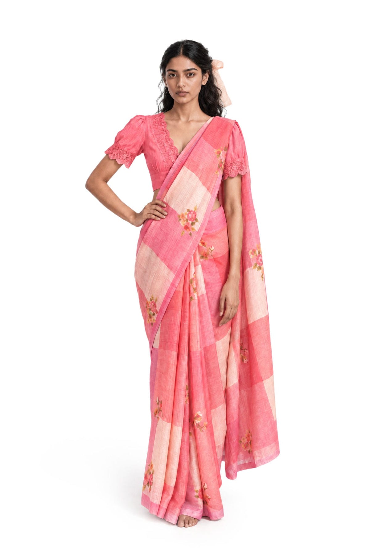 The Linen Story Saree Saree Coral Pink & Peach Linen Saree