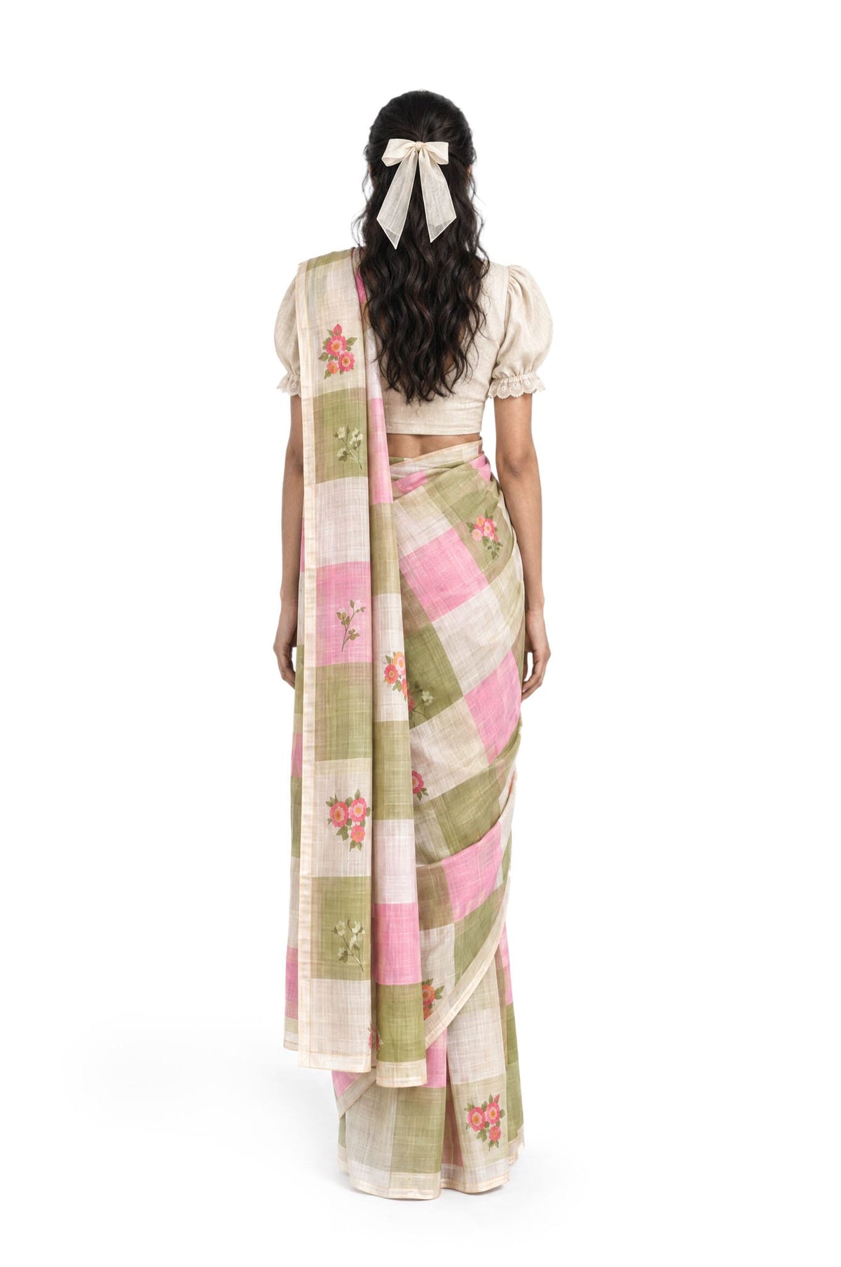 The Linen Story Saree Saree Green & Pink Linen Saree