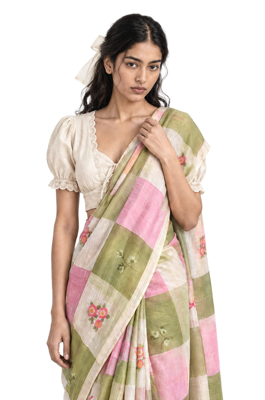 The Linen Story Saree Saree Green & Pink Linen Saree