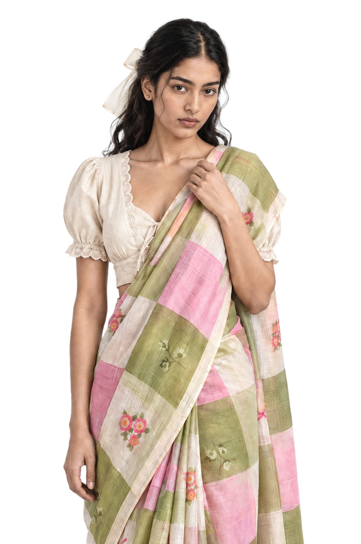 The Linen Story Saree Saree Green & Pink Linen Saree