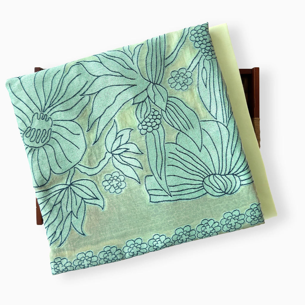 Threads of Mul Unstitched Suit Unstitched Suit Celadon Green Garden of Marigolds Woven Applique Pure Mul Chanderi Unstitched Suit Set