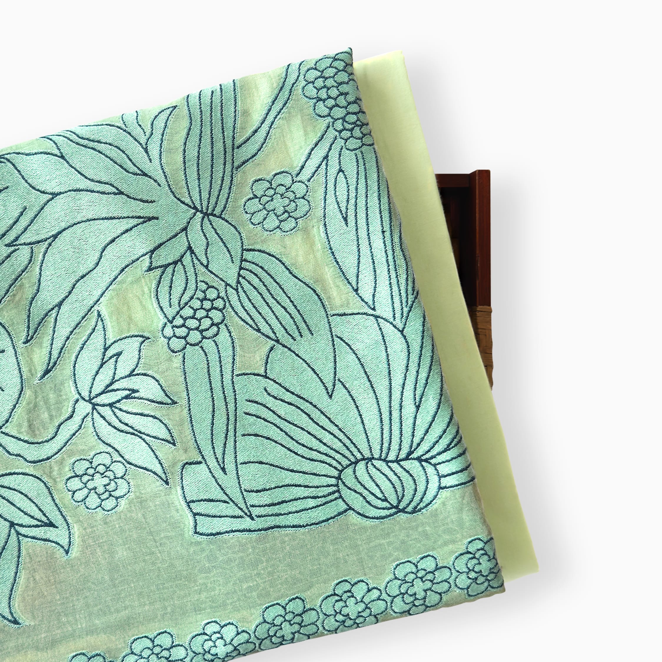 Threads of Mul Unstitched Suit Unstitched Suit Celadon Green Garden of Marigolds Woven Applique Pure Mul Chanderi Unstitched Suit Set