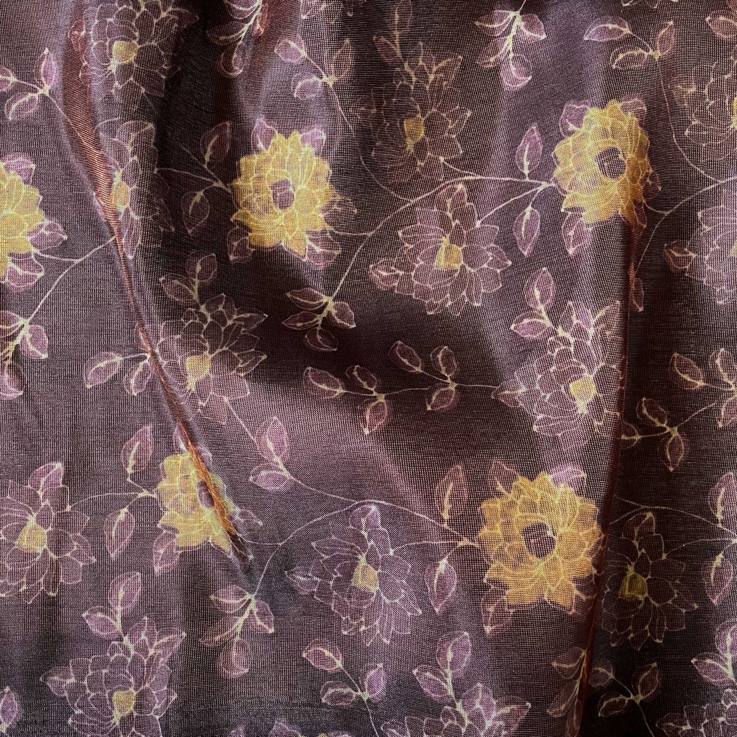 Tissue Silk Fabric Fabric Coffee Brown & Yellow Flower Garden Printed Tissue Silk Fabric (Width 40 Inches)