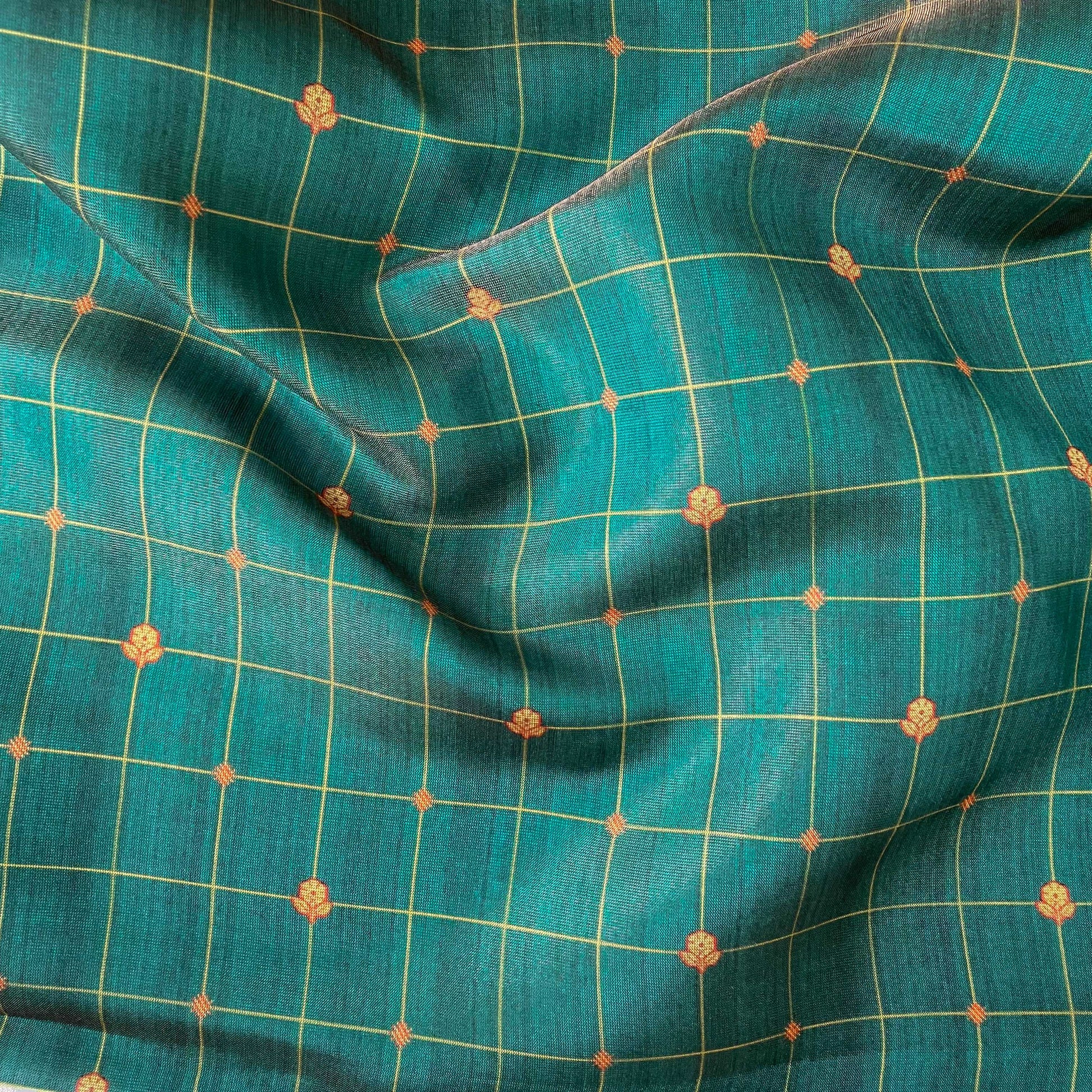 Tissue Silk Fabric Fabric Emerald Green & Orange Checks Printed Tissue Silk Fabric (Width 40 Inches)