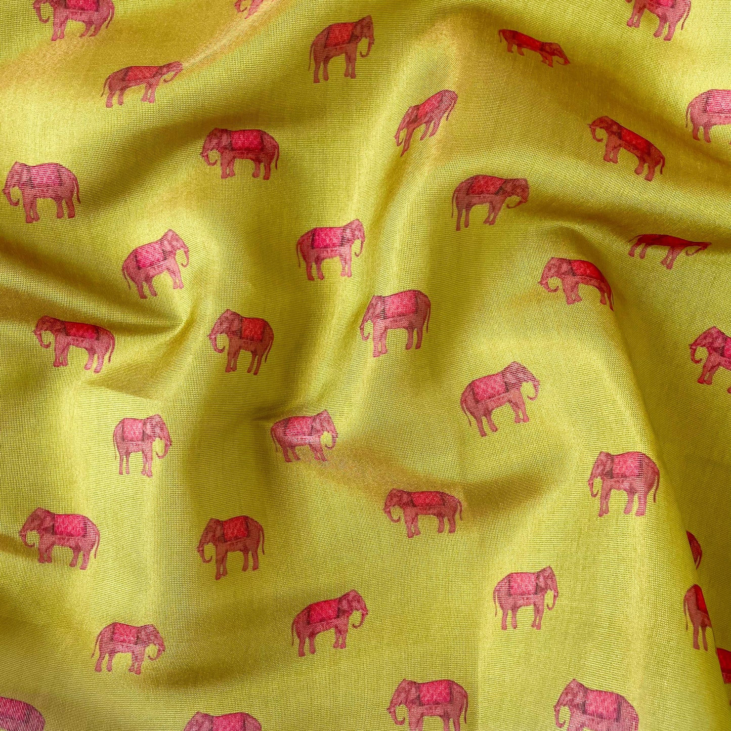 Tissue Silk Fabric Fabric Pale Yellow & Red |Mini Elephants Printed Tissue Silk Fabric (Width 40 Inches)