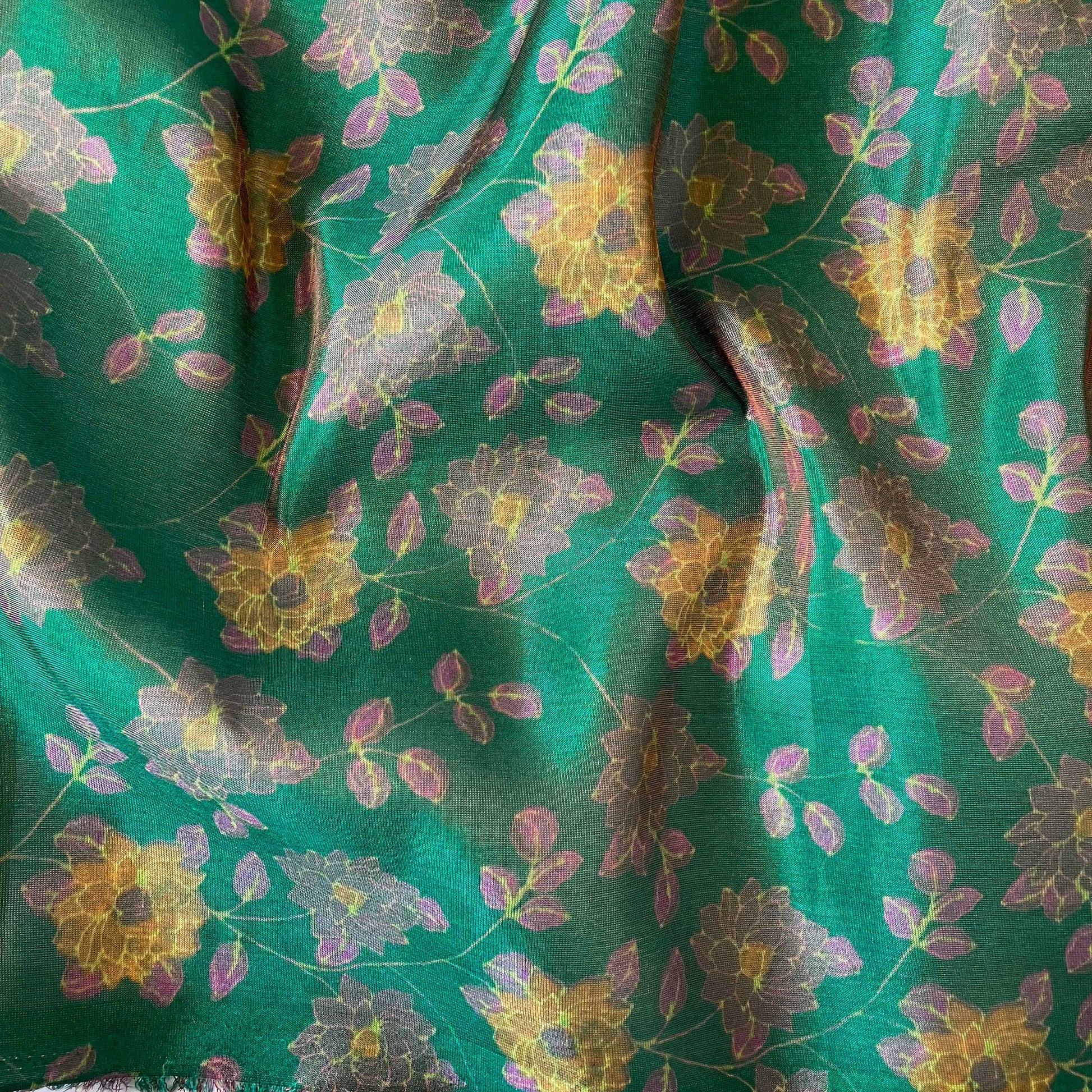 Tissue Silk Fabric Fabric Teal Green & Yellow Flower Garden Printed Tissue Silk Fabric (Width 40 Inches)