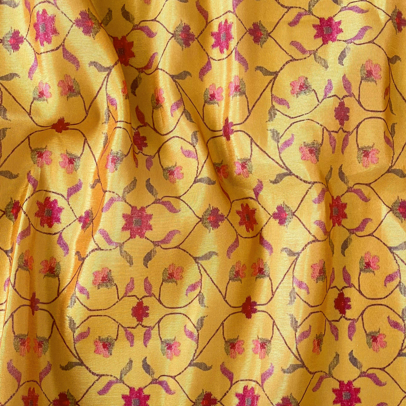 Tissue Silk Kurta Set Cut Piece (CUT PIECE) Bright Yellow & Red Mughal Flora Printed Tissue Silk Kurta Fabric (Width 40 Inches)